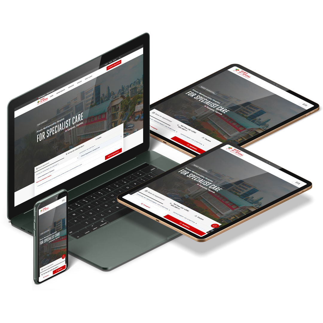 Responsive web design device mockup showing desktop, tablet, and mobile website screens