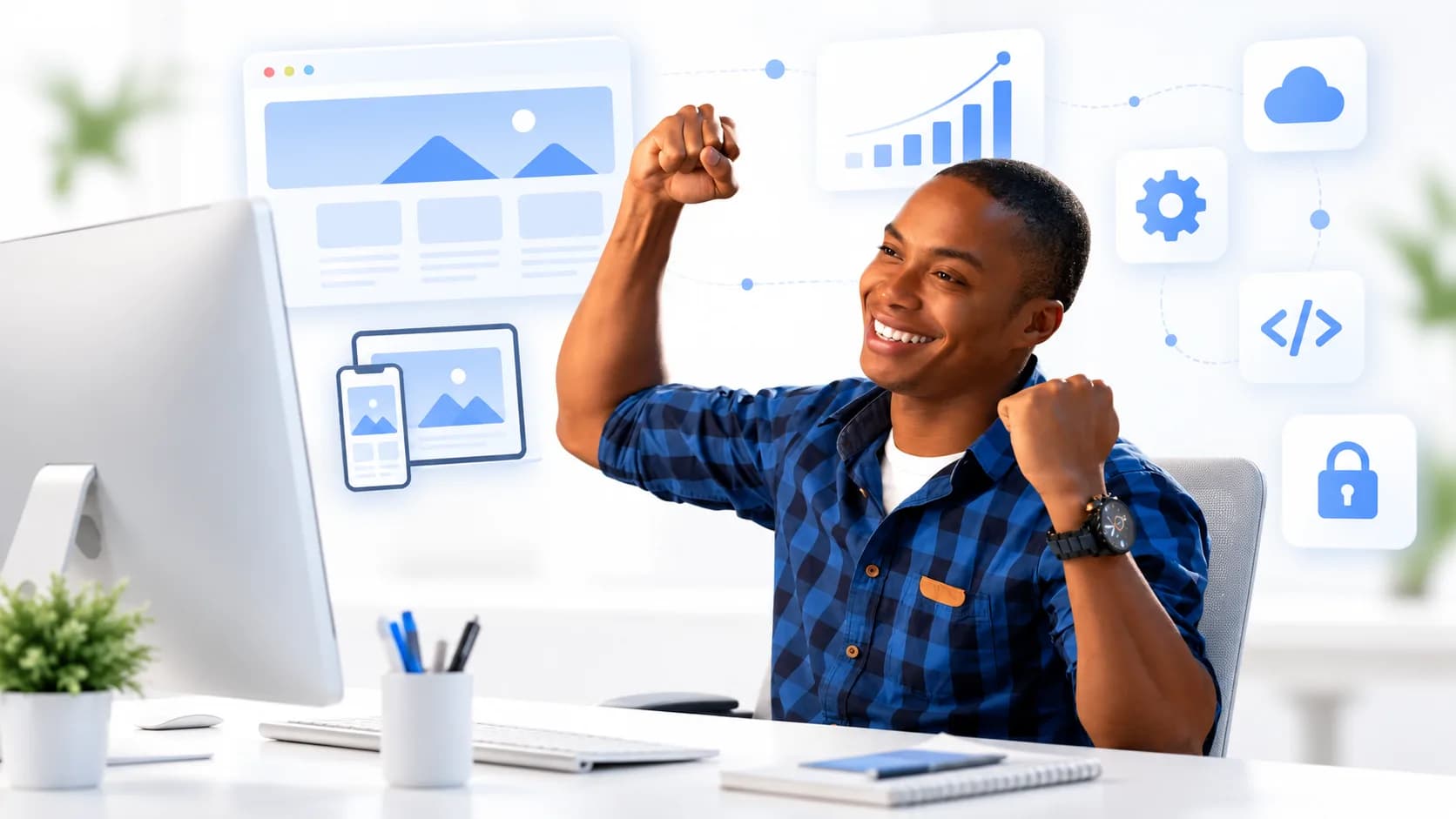 Professional celebrating at a desktop computer with WordPress and responsive website design icons