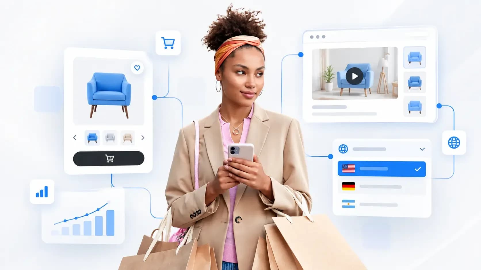 Online shopping customer using a smartphone with shopping bags