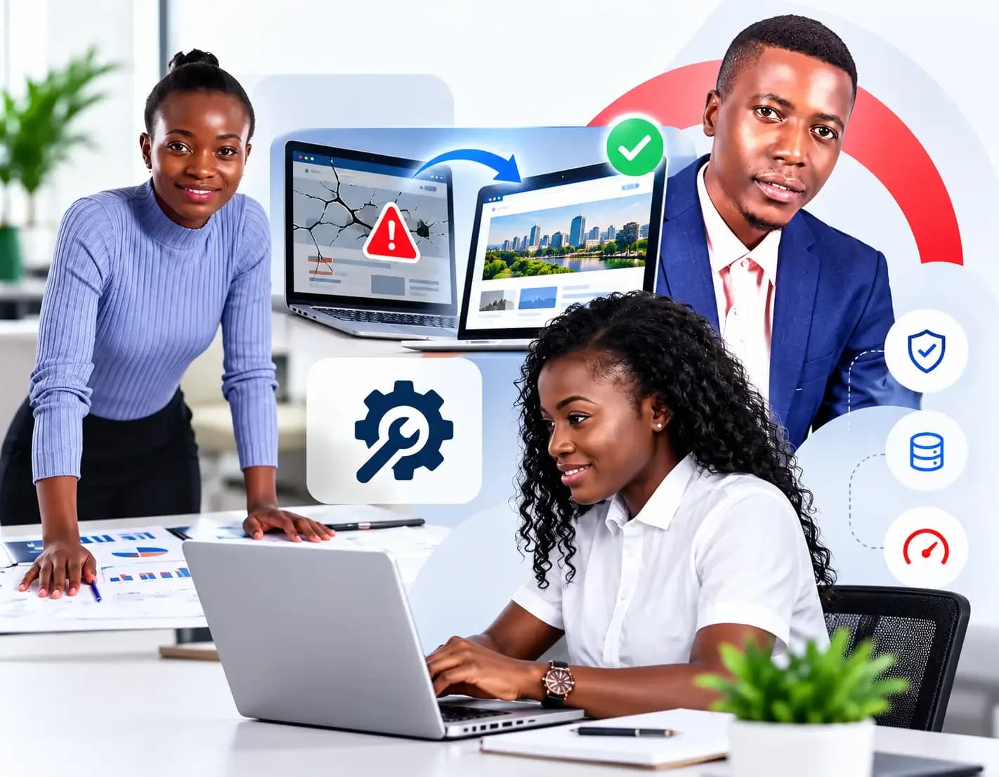 Website repair specialists diagnosing and restoring a broken business website in Uganda